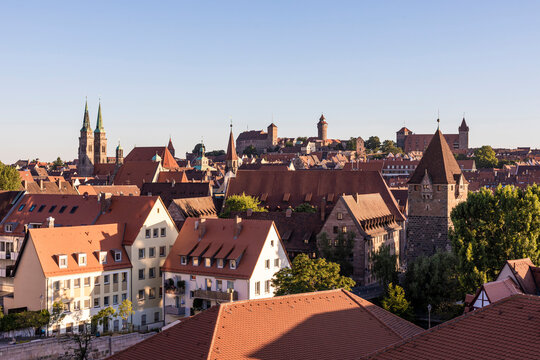 Germany, Bavaria, Nuremberg, Clear sky over historical old town at dusk
