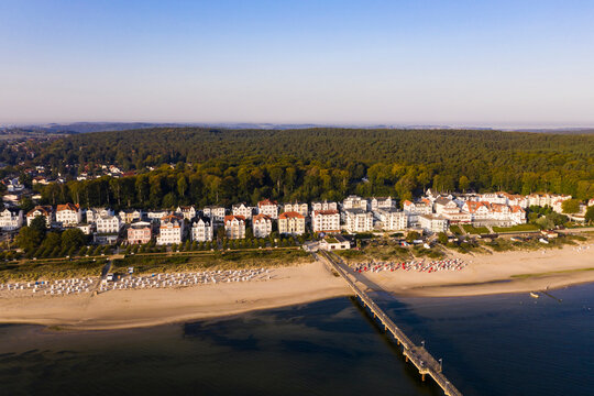 Germany, Mecklenburg West Pomerania, Baltic Sea coast, Usedom Island, Bansin, Aerial view of tourist resort on coast