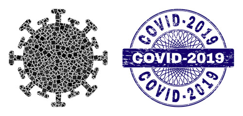 Obraz premium Geometric mosaic contagious virus, and Covid-2019 dirty seal. Blue stamp seal includes Covid-2019 text inside circle shape. Vector contagious virus mosaic is composed from randomized round, triangle,
