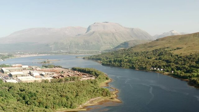 Aerial view of the Scottish Highlands town of Fort William, Loch Eil and Ben Nevis in the background