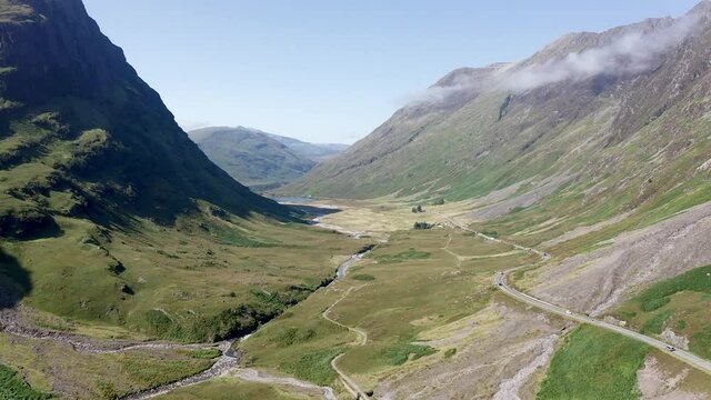 Aerial view of the spectacular Glen Coe valley in the highlands of Scotland