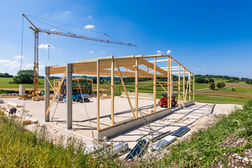Germany, Baden-Wurttemberg, Wooden frame of new building under construction
