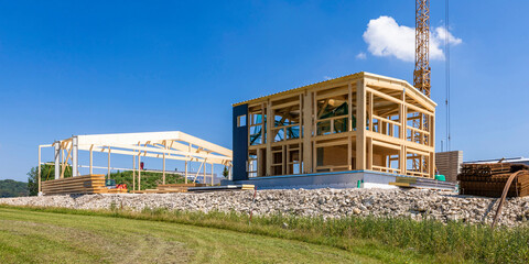 Germany, Baden-Wurttemberg, Wooden frame of new building under construction