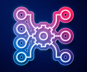 Glowing neon line Neural network icon isolated on blue background. Artificial intelligence AI. Vector