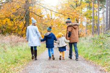 Parents holding hands of children while walking on forest path