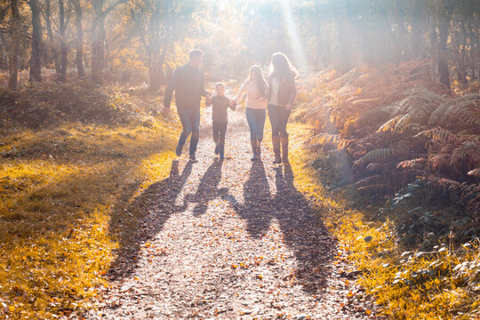 Parents holding hand of children while standing in park during autumn