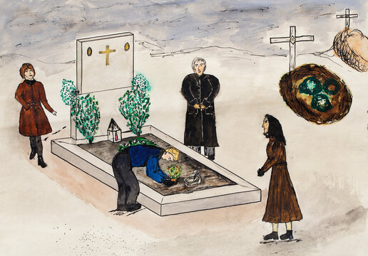 Child's drawing of people on a cemetery at All Saints' Day