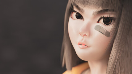 Girl feeling sad and worried, Close-Up selective focus on eyes. Expression of the cartoon character. vintage tone background, 3D Render