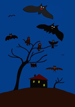 Child's painting of bats and birds at night