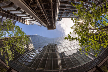 UK, London, Modern skyscrapers on a sunny day, worm's eye view