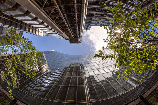 UK, London, Modern skyscrapers on a sunny day, worm's eye view