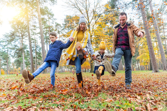 Family holding hands while kicking fallen leaf at forest
