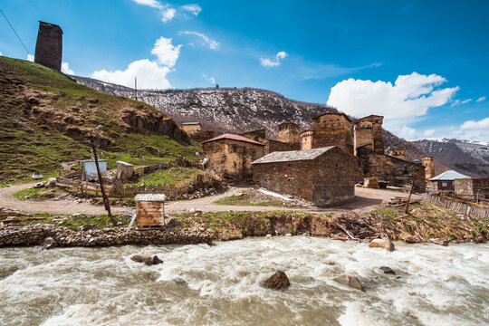 Georgia, Svaneti, Ushguli, Medieval village on bank of Enguri River