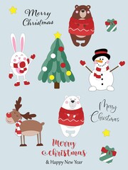 Set of merry christmas stickers. Christmas stickers collection on grey background. Cute colorful ellements, animals, Christmas tree, snowman, deer
