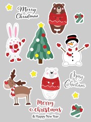 Set of vmerry christmas stickers. Christmas stickers collection on grey background. Cute colorful ellements, animals, Christmas tree, snowman, deer