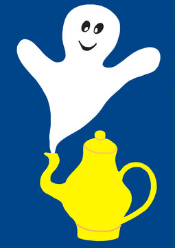 Child's painting of smiling ghosts and yellow teapot