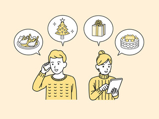 クリスマスの買い物をする夫婦　カップル　予約　通販　スマホ　タブレット　イラスト素材