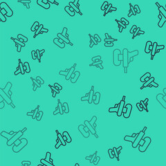 Fototapeta premium Black line Water gun icon isolated seamless pattern on green background. Vector