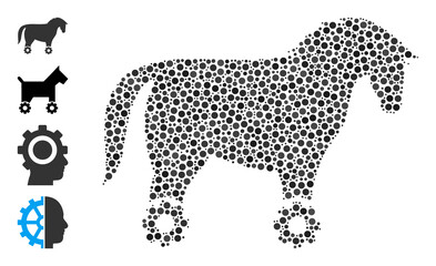 Round dot mosaic wheeled horse. Vector mosaic is based on wheeled horse icon, and formed of randomized circle parts. Vector icon of wheeled horse formed of irregular spheric points.