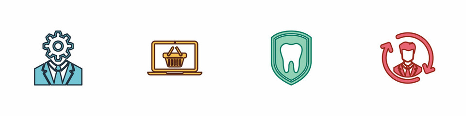 Set Head with gear inside, Shopping basket on laptop, Dental protection and Human resources icon. Vector