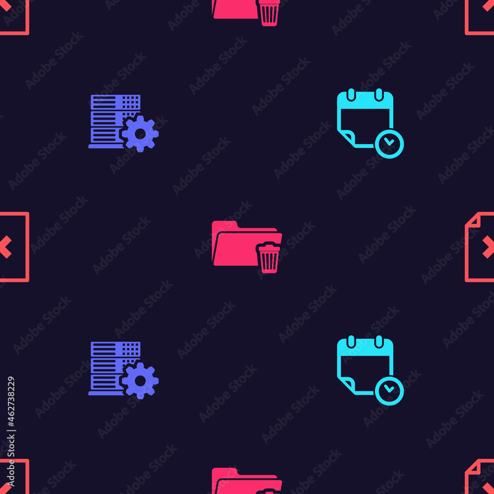 Aufkleber set calendar and clock, server setting, delete folder and file document on seamless pattern. vector