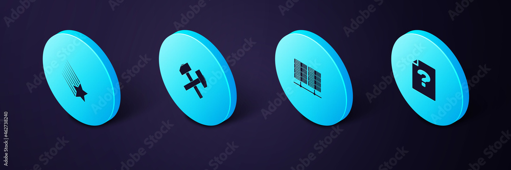 Poster set isometric unknown document, server, data, web hosting, two crossed hammers and falling star icon