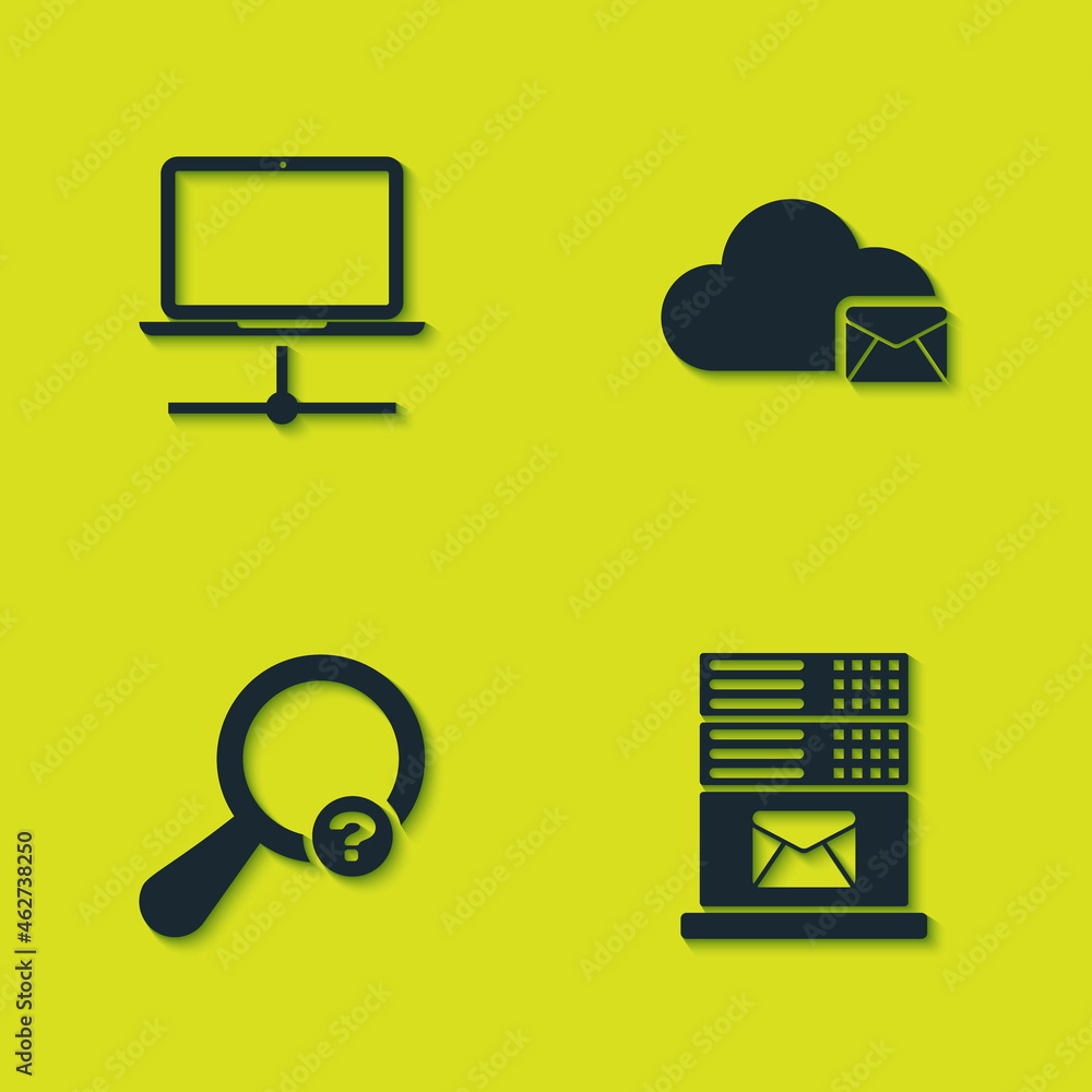 Poster set computer network, mail server, unknown search and cloud mail icon. vector