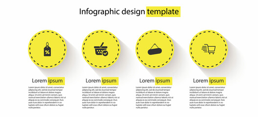 Set Discount percent tag, Shopping basket with check mark, Signboard hanging and cart. Business infographic template. Vector