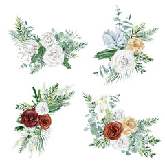 Watercolor winter floral bouquet. Burgundy flowers. White and red rose, pampas grass, fir tree branch,  twigs spruse. Illustration for christmas card, greting card, wedding card, baby shower - 462738810