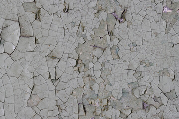 Peeling paint on the wall. Old concrete wall with cracked flaking paint. Weathered rough painted surface with patterns of cracks and peeling. Grunge texture for background and design. High resolution.