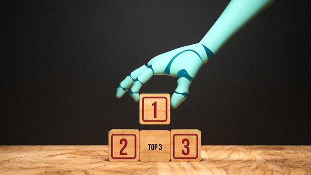 robot hand placing a cube with the number one on others, symbolizing a choice by an algorithm in front of a blackboard