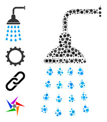 Round dot composition shower. Vector collage is based on shower symbol, and organized of randomized round parts. Vector icon of shower combined of irregular round dots.