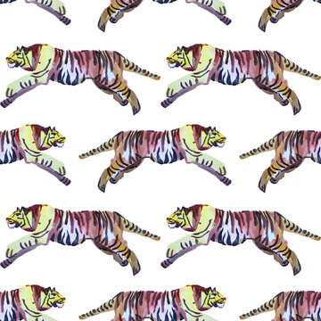 Seamless pattern watercolor hand-drawn abstract jump tiger wild cat on white background. Chinese symbol new year. Orange animal with black stripes. Creative clipart for christmas, celebration