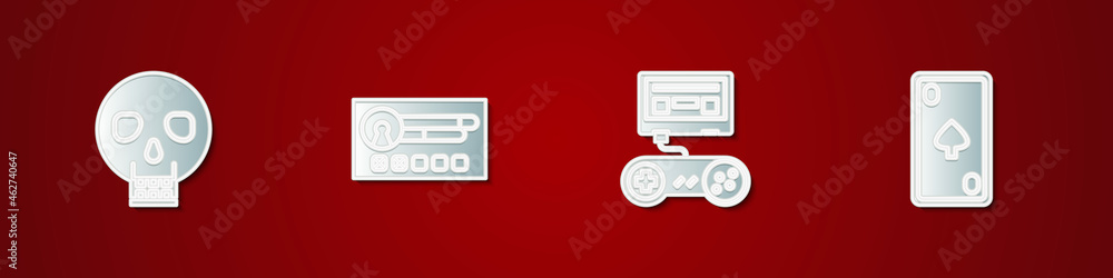 Poster set skull, create account screen, game console with joystick and playing card diamonds icon. vector