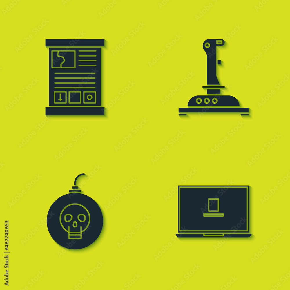 Poster set game guide, laptop, bomb ready explode and joystick for arcade machine icon. vector