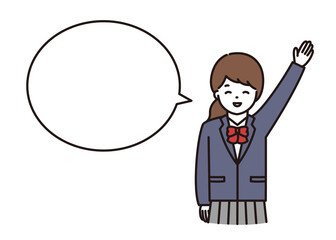 笑顔で挙手をする制服の女子学生 吹き出し