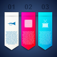 Set Musical instrument trumpet, Checkered napkin and drum and sticks. Business infographic template. Vector