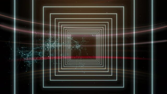 Animation of network of connections and digital tunnel on black background