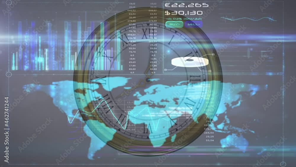 Poster Animation of data processing and world map over clock moving fast