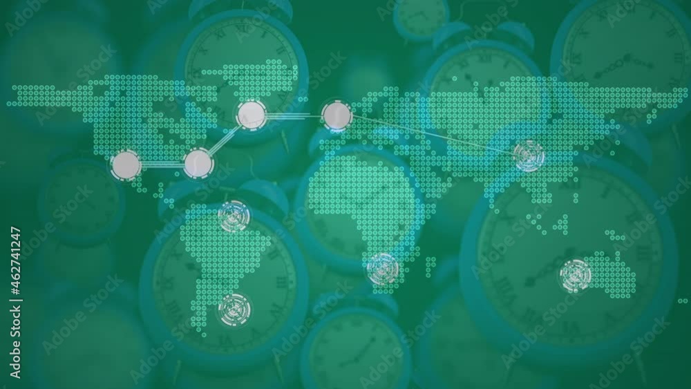 Poster Animation of networks of connections and world map over multiple clocks moving fast