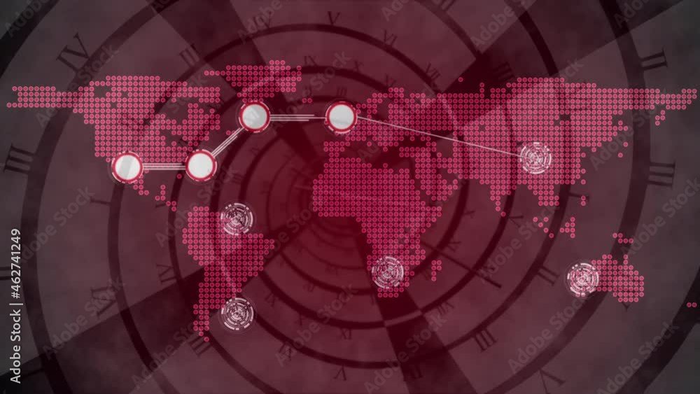 Poster Animation of networks of connections and world map over clock moving fast