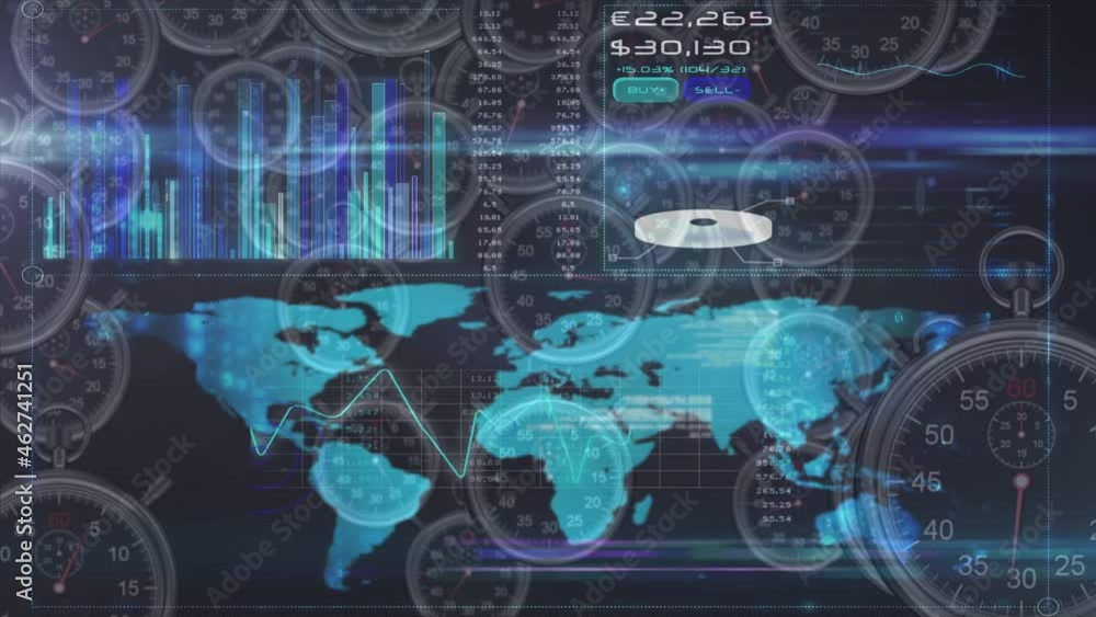 Poster Animation of data processing and world map over multiple clocks moving fast