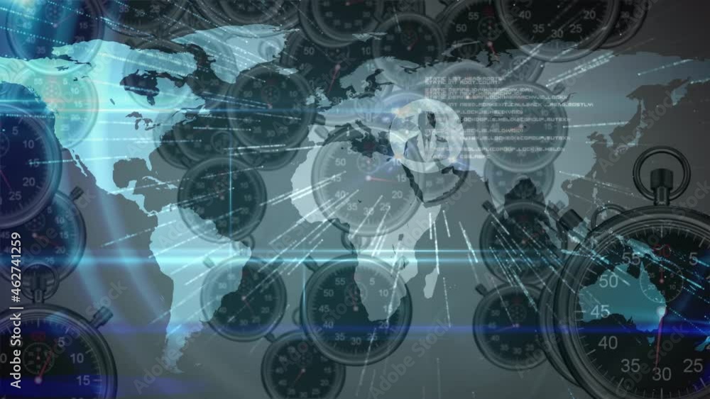 Poster Animation of data processing and world map over multiple clocks moving fast