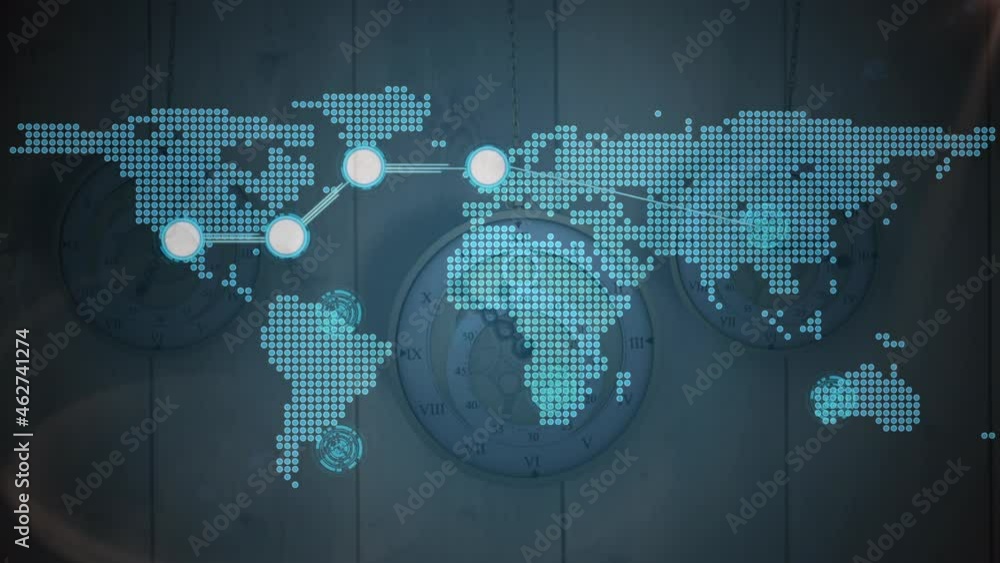 Poster Animation of networks of connections and world map over multiple clocks moving fast