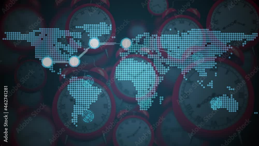 Poster Animation of networks of connections and world map over multiple clocks moving fast