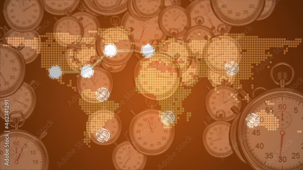 Poster Animation of networks of connections and world map over multiple clocks moving fast