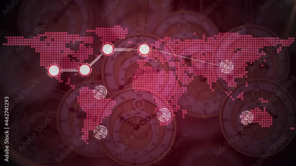 Poster Animation of networks of connections and world map over multiple clocks moving fast