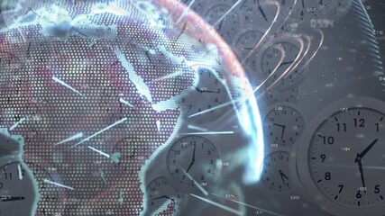 Animation of data processing and globe over multiple clocks moving fast