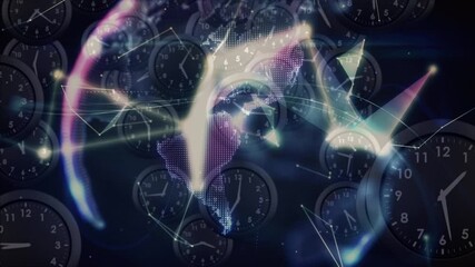 Animation of networks of connections and globe over hand and multiple clocks moving fast