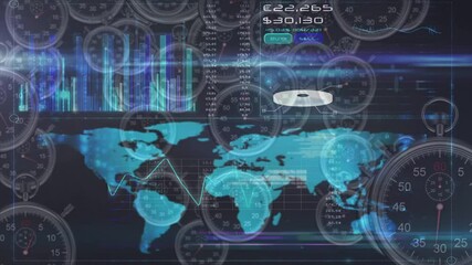 Animation of data processing and world map over multiple clocks moving fast